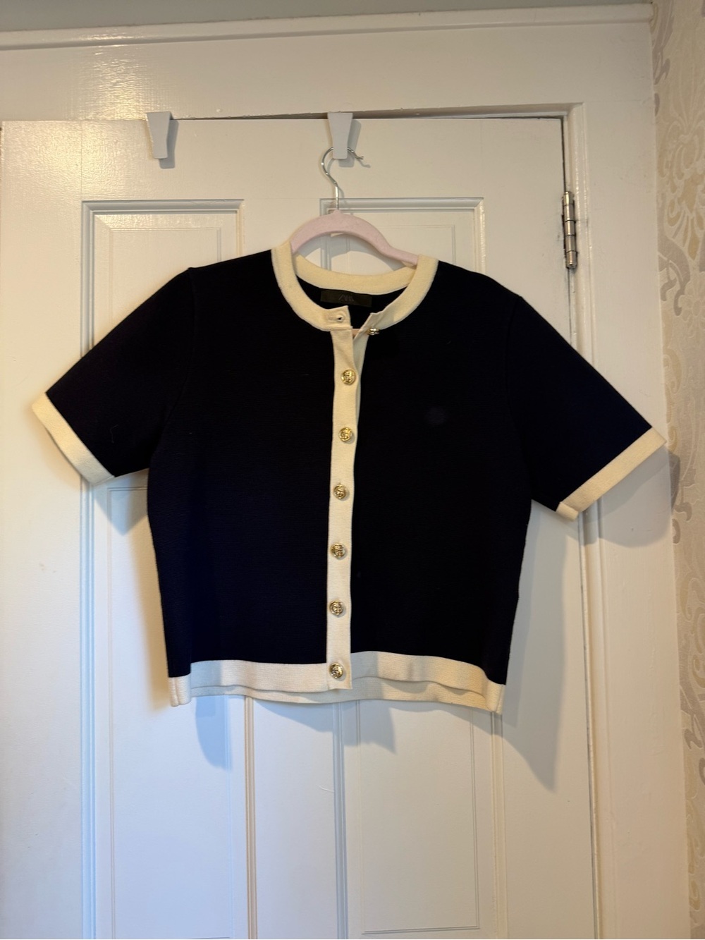 Zara Navy Short Sleeve Cardigan with Cream Trim